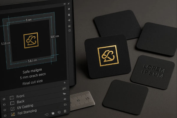 راهنمای طراحی و چاپ کارت ویزیت لمینت برجسته مخملی مربع طلاکوب