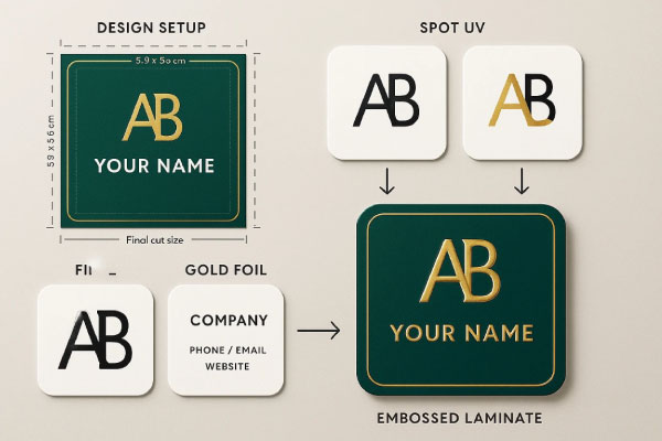 راهنمای طراحی و چاپ کارت ویزیت لمینت برجسته مربع طلاکوب دورگرد