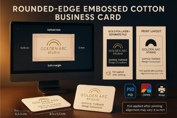 راهنمای طراحی و چاپ کارت ویزیت کتان امباس طلاکوب دورگرد